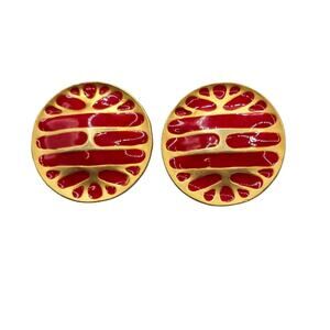 Earrings Clip On Red Enamel Gold Tone Abstract Statement Vintage Bold SKU 3010